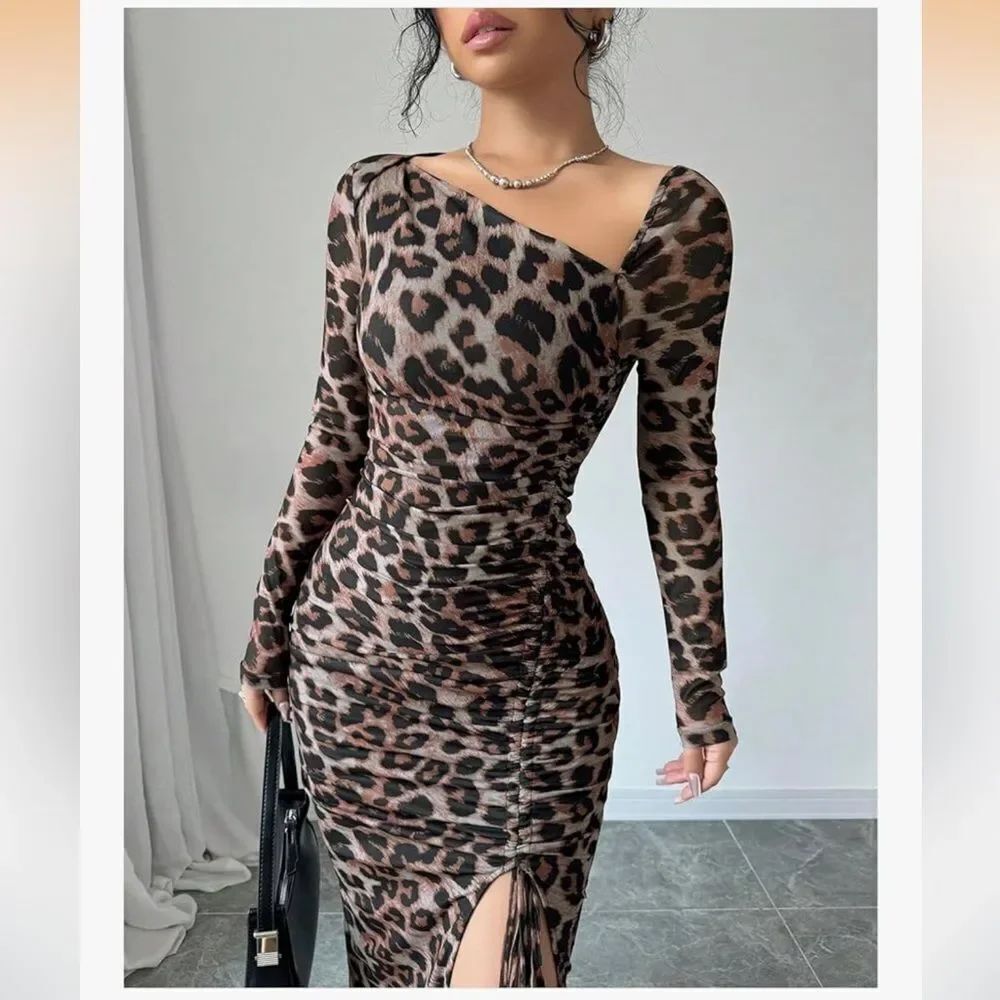 New Leopard print Asymmetrical Bodycon midi dress - Picture 5 of 9